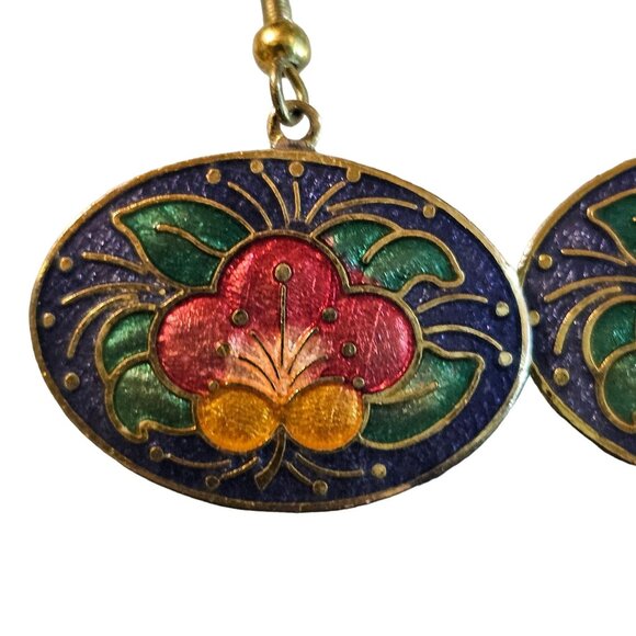 Vintage Oval Cloisonne Pink Merigold Floral Earrings - Picture 5 of 6